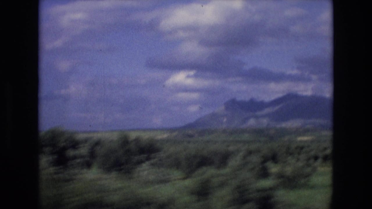 Green countryside and distant mountains seen from a moving vehicle under cloudy sky.