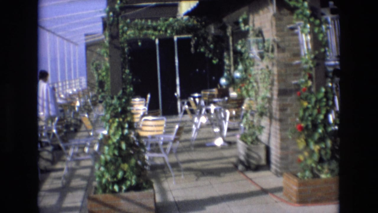 Rooftop patio seating with plants and a person partly visible near the left side.
