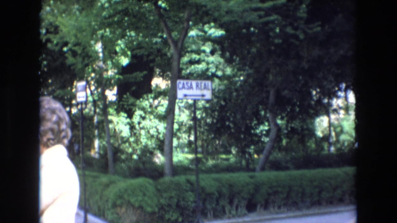 Leafy park edge with a roadside sign reading CASA REAL and a person partly visible at left.
