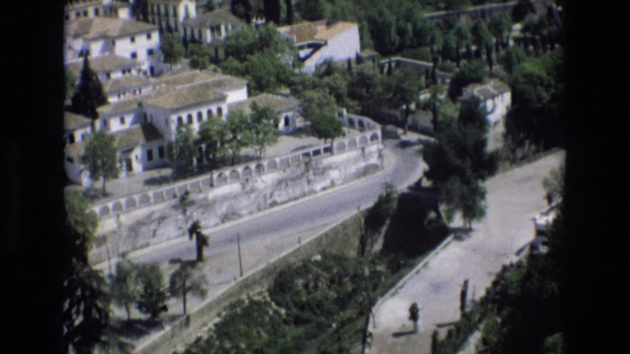 Town buildings and a tree-lined road seen from above with a low wall and open paved area.