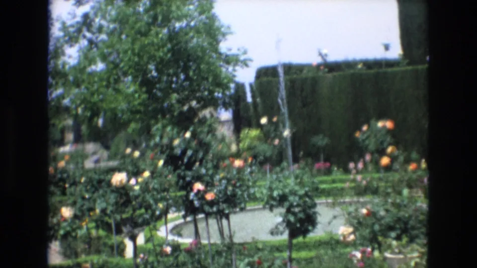 1972 Spain home-movie frame showing a landscaped garden with rose bushes, clipped hedges, a leafy tree, and the edge of a circular fountain pool.