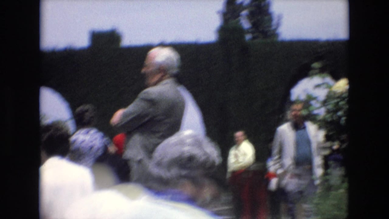 Spain 1972 home-movie frame showing visitors in a formal garden, with an older man in profile and seated or standing spectators near tall clipped hedges.