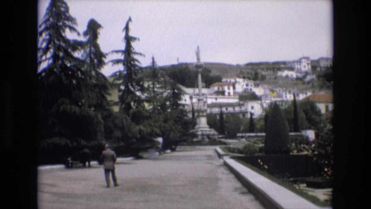 1972 Spain home-movie frame with a man in a suit seen from behind on a broad garden walkway, framed by tall trees, clipped hedges, a fountain, and white buildings on a hillside.