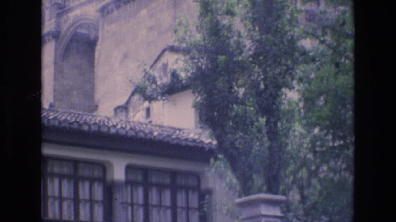 Building facade with tiled roof, windows, trees, and a stone column at the edge.
