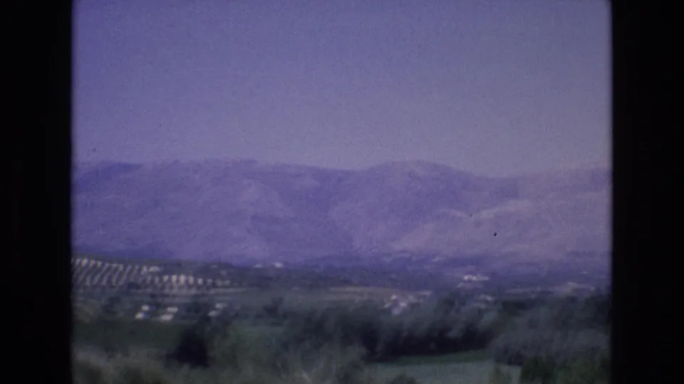 1972 Spain home-movie frame with dark foreground trees, open green land, rows on a distant hillside, and purple-tinged mountains under a pale sky.