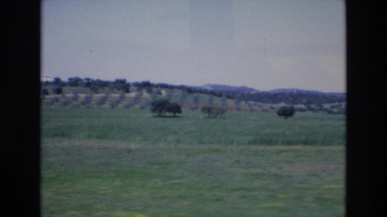 1972 Spain home-movie frame showing open green countryside, scattered trees, and a soft distant ridge from a moving travel viewpoint.