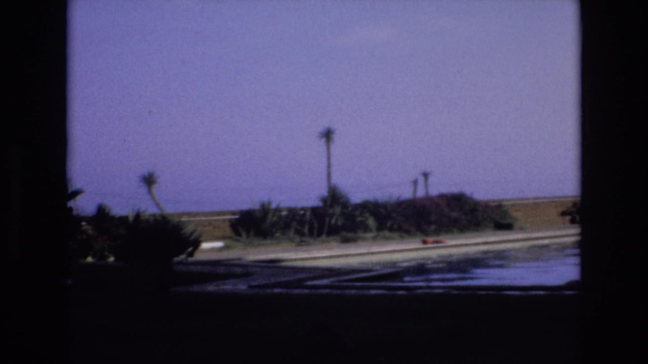 1972 Spain 8mm frame showing a quiet poolside area with reflective water, sparse palms, shrubs, and open ground beyond a low wall.