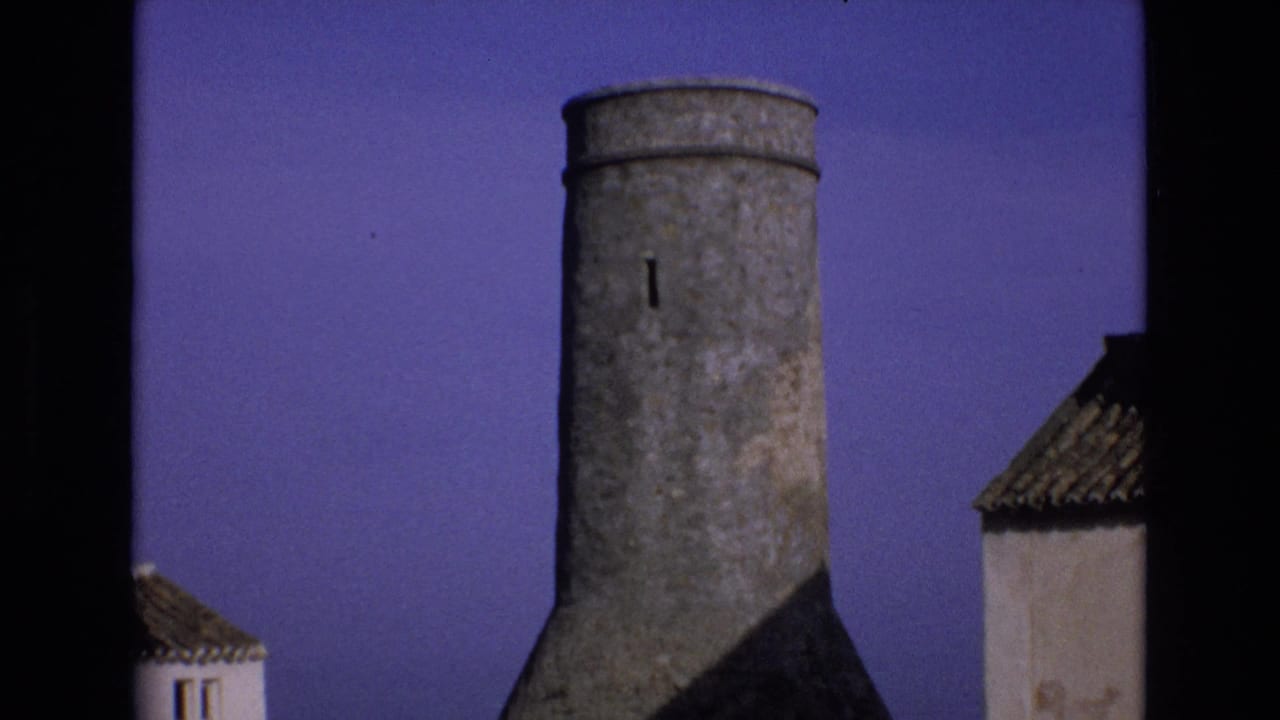 Cylindrical stone tower against a purple sky between tiled-roof buildings.