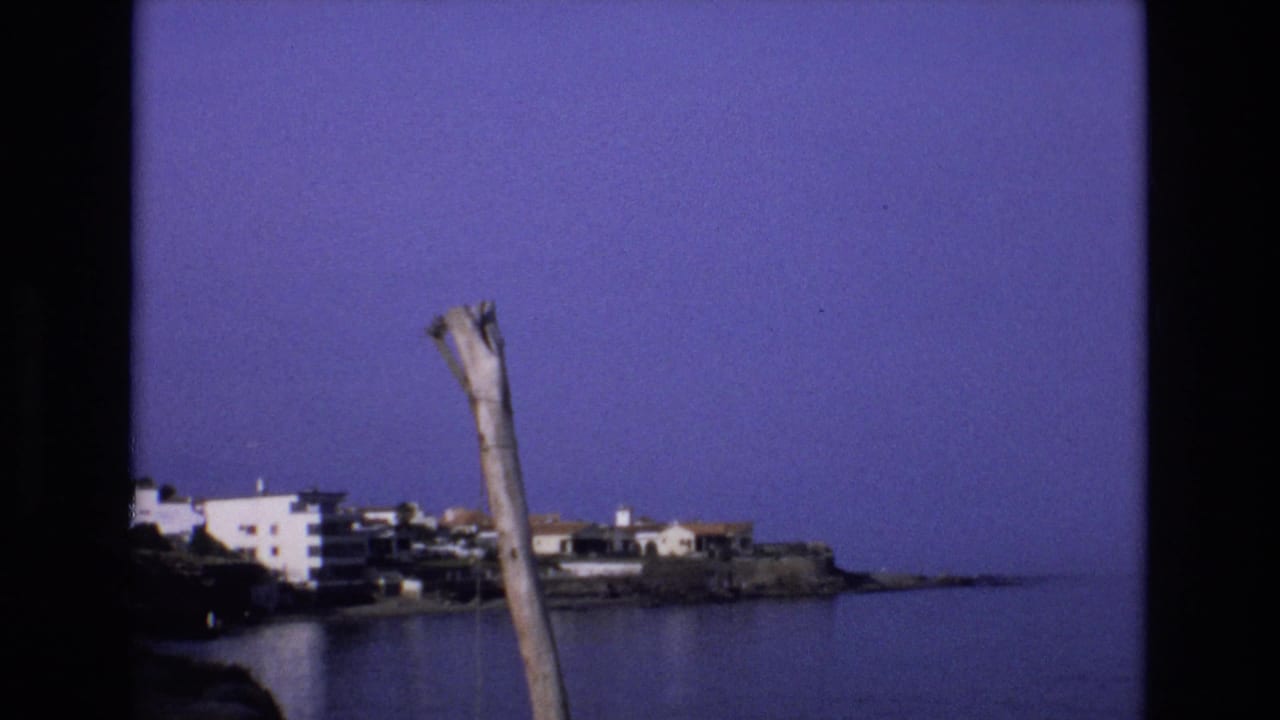 Similar bay view with white coastal buildings, open water, rocky point, and a foreground pole.