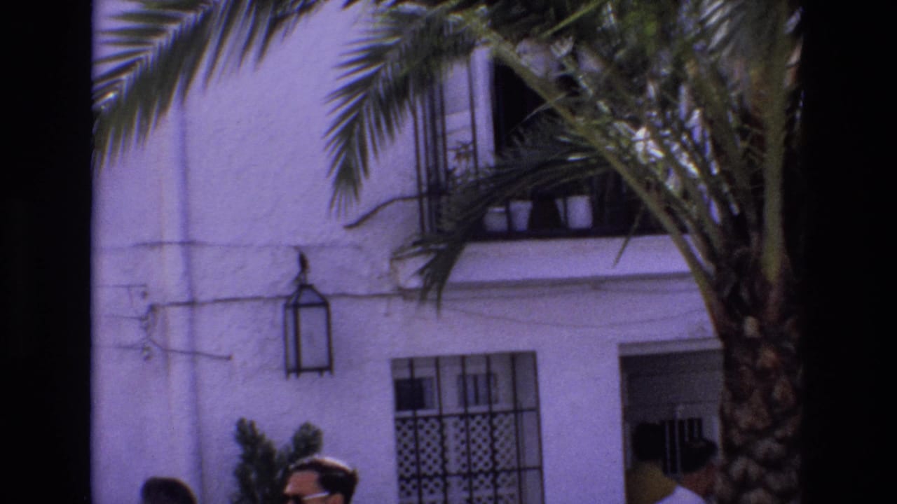 Palm fronds hang over a white building facade as people move near the doorway.