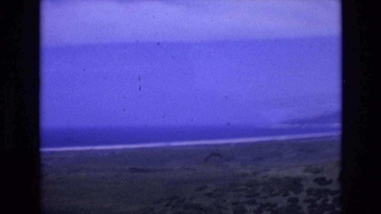 1972 Spain home-movie frame showing a distant ocean horizon, pale shoreline, dark coastal scrub, and purple-blue sky with visible 8mm gate borders.