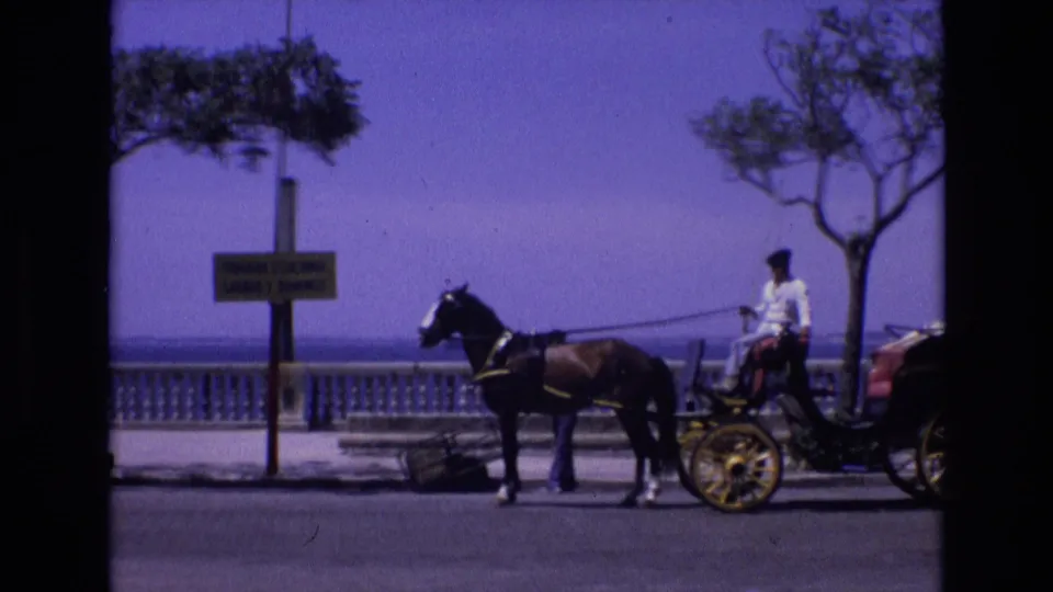 A horse-drawn carriage with a seated driver appears on a 1972 Spanish coastal promenade, framed by trees, a roadside signpost, a balustrade, and the blue sea.