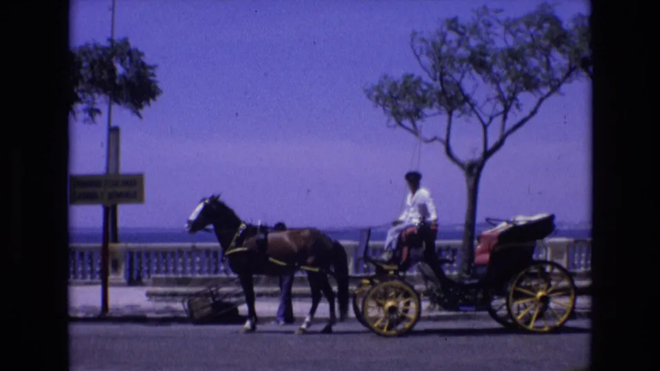 Spain 1972 8mm frame of a driver seated on a horse-drawn buggy with yellow-spoked wheels beside a coastal promenade and roadside sign.