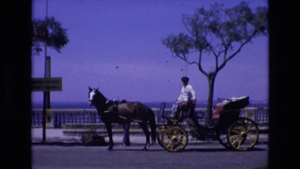 Spain 1972 8mm frame showing a horse and carriage paused on a sunny coastal road, with the driver seated above the rear wheels and the sea beyond the railing.