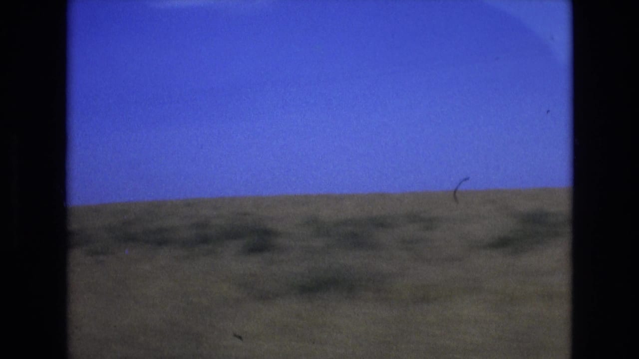 Open grassy landscape and blue sky framed by dark vertical film edges.