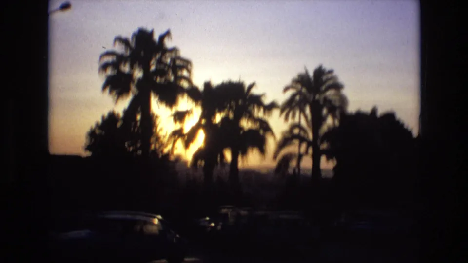 Soft 8mm view of palm trees, parked cars, and a hazy sunset in Spain in 1972.