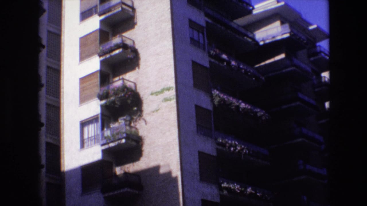 Apartment building balconies and windows seen in bright sun and dark shade.