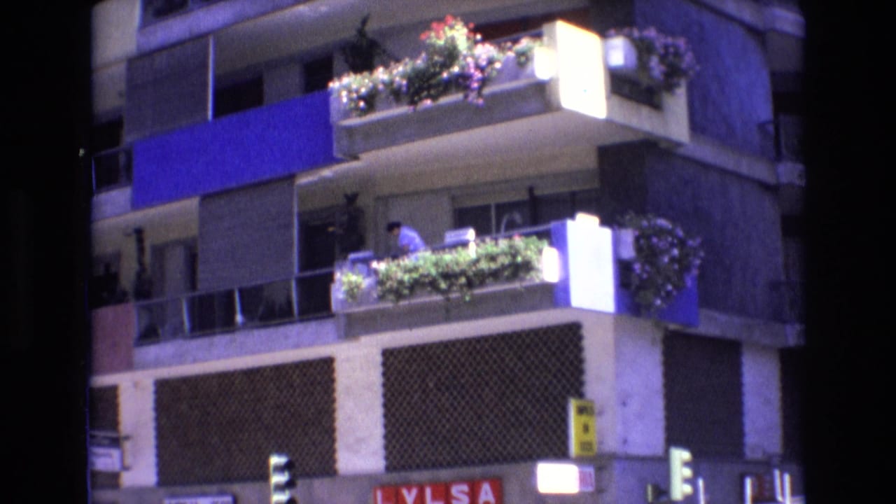 Person on an apartment balcony beside planters on a blue-and-white building facade.
