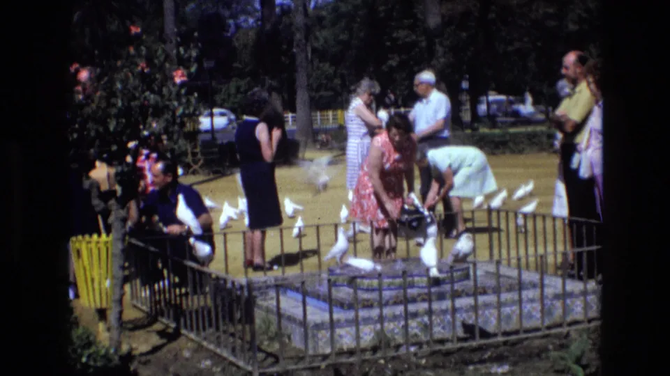 1972 Spain park scene with adults in summer clothing gathered around a low tiled enclosure as white doves cluster, perch, and fly nearby.