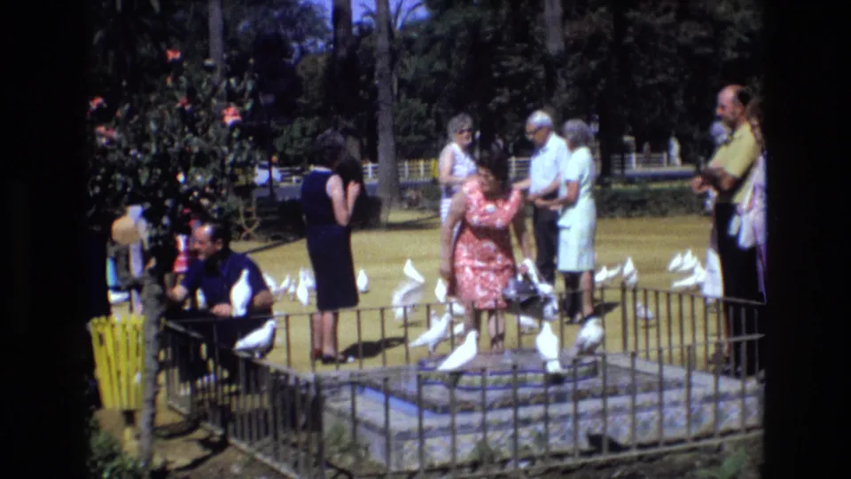 1972 Spain home-movie frame of park visitors standing and bending near a low enclosure while white doves gather across the railing and ground.