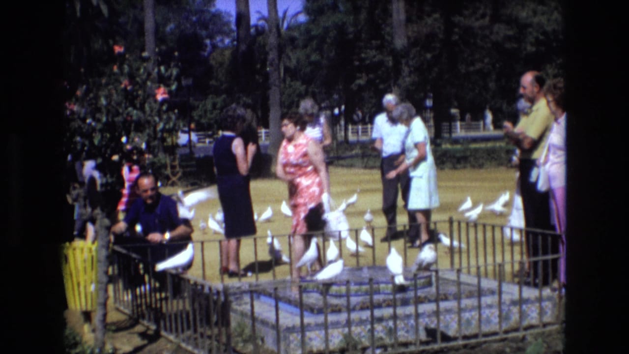 In metadata-supported 1972 Spain, adults in 1970s clothing stand around a small fenced park fountain as white pigeons cluster on the ground and one man sits near the enclosure.