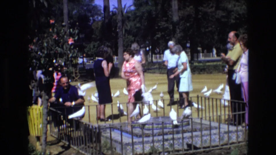 In metadata-supported 1972 Spain, adults in 1970s clothing stand around a small fenced park fountain as white pigeons cluster on the ground and one man sits near the enclosure.