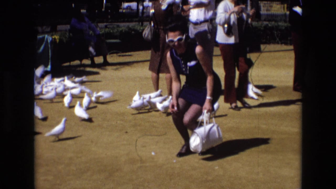 In Spain in 1972, a woman in a dark sleeveless dress and white sunglasses crouches with a handbag as white pigeons gather around her on sandy ground.