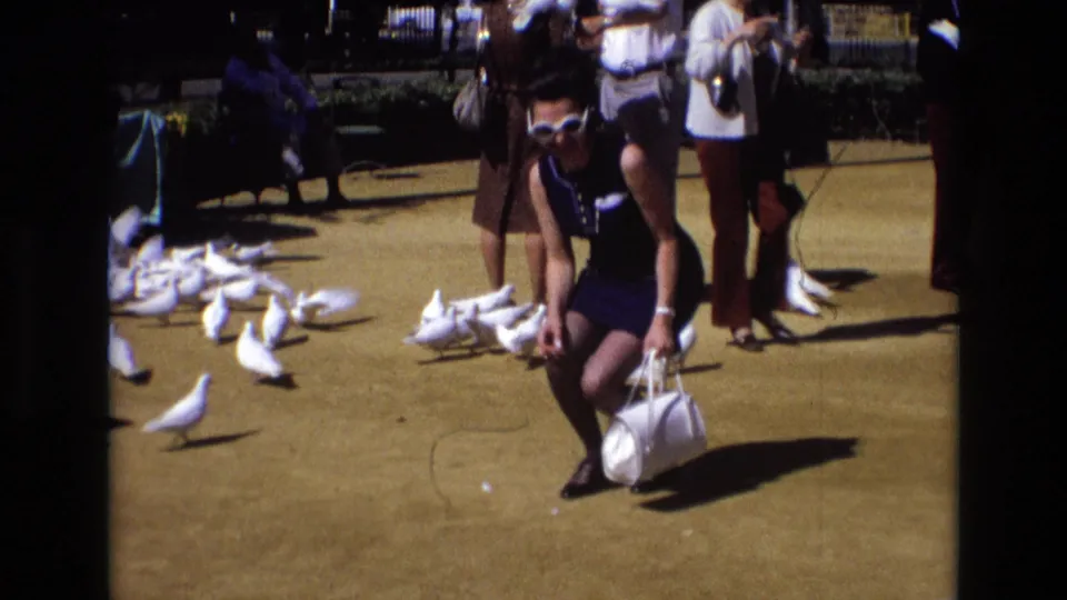 In Spain in 1972, a woman in a dark sleeveless dress and white sunglasses crouches with a handbag as white pigeons gather around her on sandy ground.