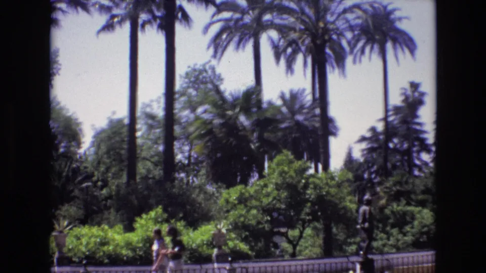 1972 Spain 8mm frame showing two distant walkers at the bottom of a sunlit garden scene with palms, shrubs, trees, and a low railing.