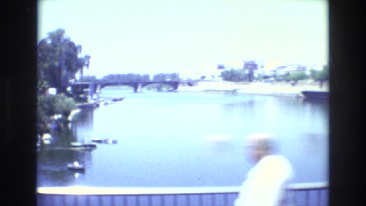 Wide river view with a bridge, trees, promenade railing, and a blurred pedestrian.