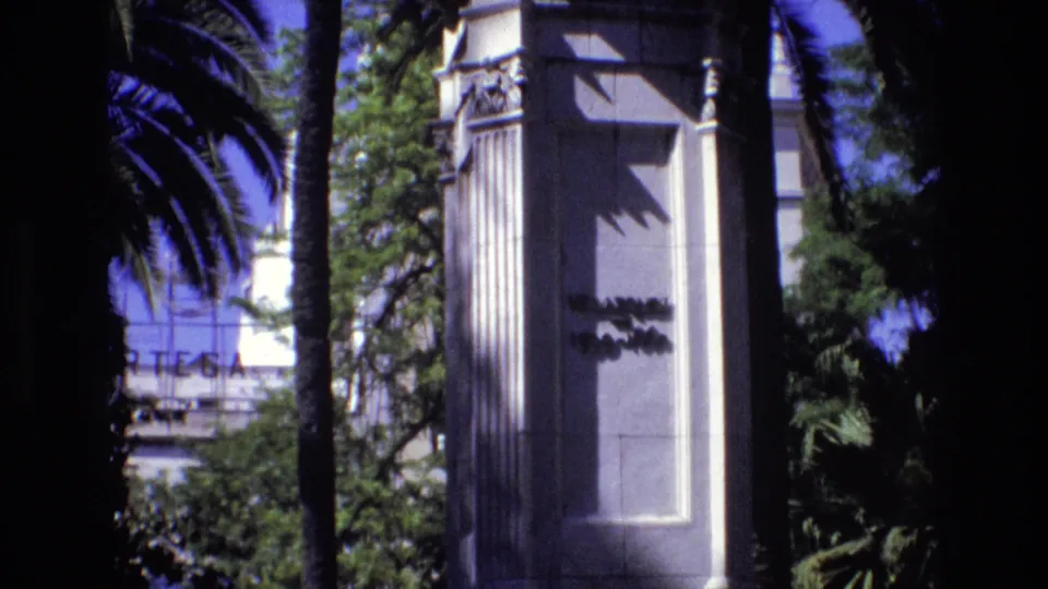 1972 Spain 8mm frame showing the fluted side of a white ornamental pillar, framed by dark palm trunks, foliage, and glimpsed background lettering.