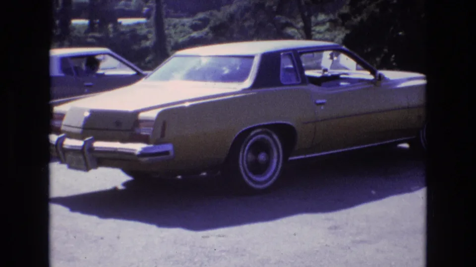 The parked gold-colored sedan fills much of the frame, showing its rear quarter, chrome trim, whitewall tire, and another car partly visible behind it.