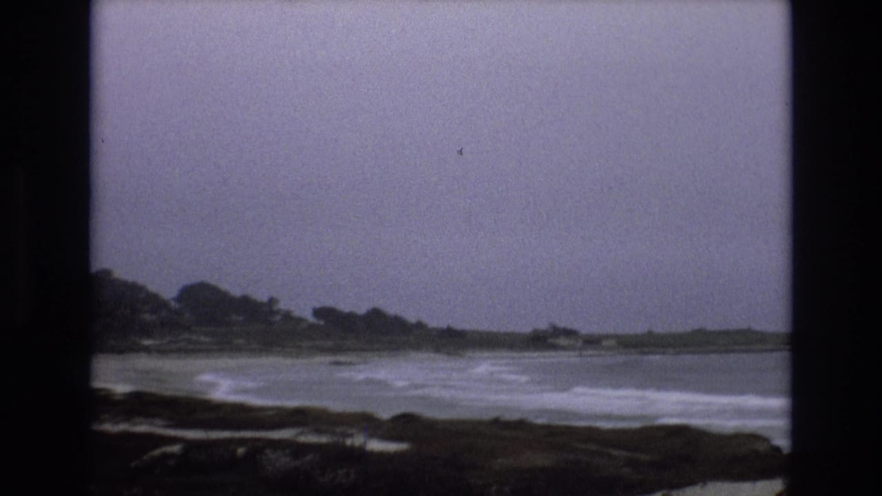 1973 8mm home-movie frame of waves approaching a dark California coastal shoreline, with distant trees and a gray sky across the water.