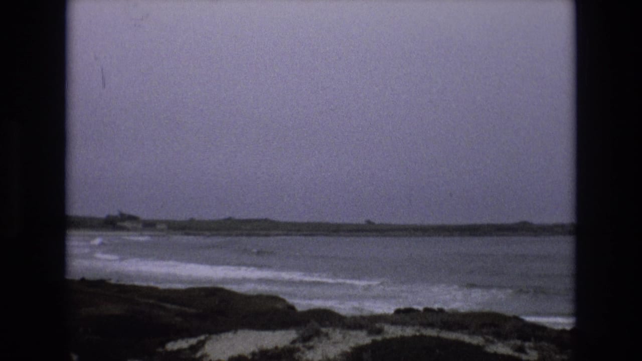 Gray surf breaks along a rocky shoreline beneath a dim sky.