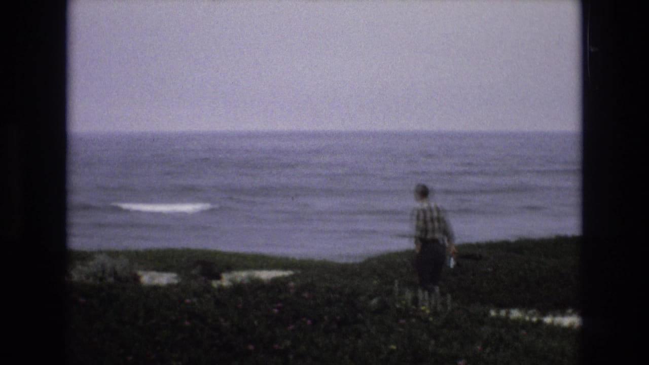 In 1973 California coast home-movie footage, a man in a plaid shirt is seen from behind on a grassy bluff overlooking a restless sea under a pale sky.