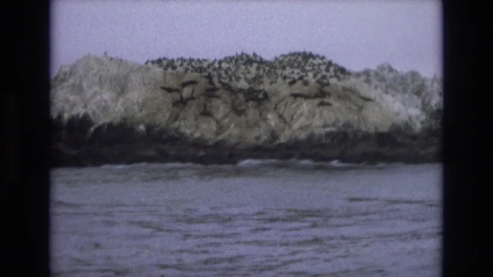1973 8mm Central Coast California closer frame of the rocky islet, showing dark rock patches, pale growth, and gently rippled water below.