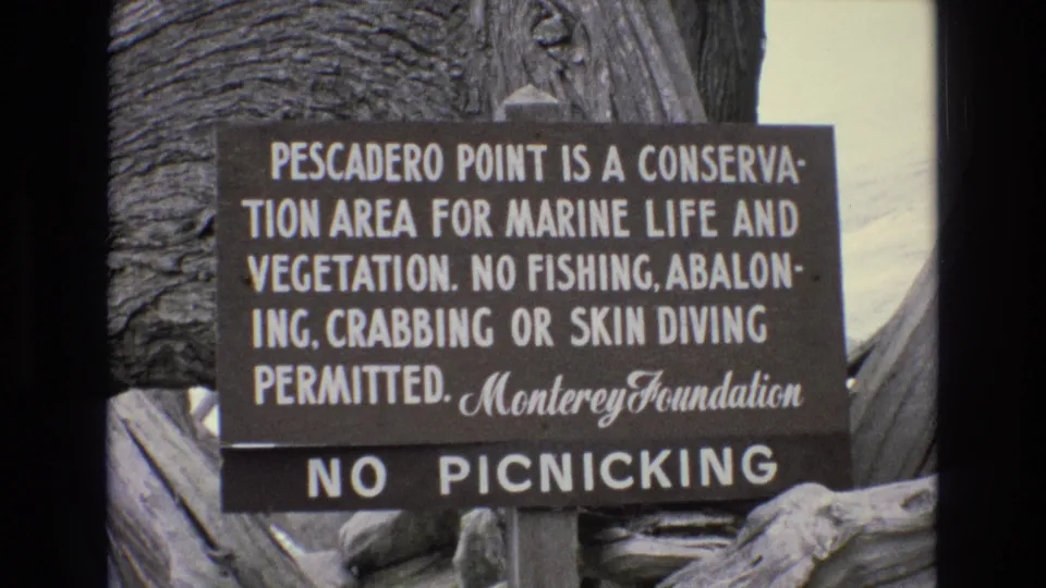 1973 8mm frame showing a Pescadero Point conservation sign from the Monterey Foundation, warning against fishing, abaloning, crabbing, skin diving, and picnicking.