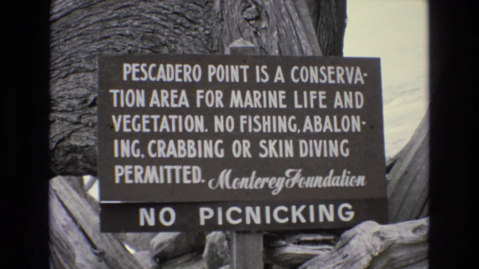 1973 8mm frame of a Pescadero Point coastal conservation warning sign in California, with prohibited fishing and diving activities listed and a No Picnicking panel below.