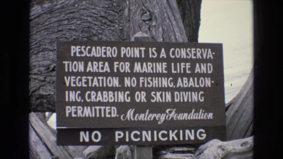 1973 8mm frame showing a slightly lower view of the Pescadero Point conservation sign, including the Monterey Foundation text and the No Picnicking panel.