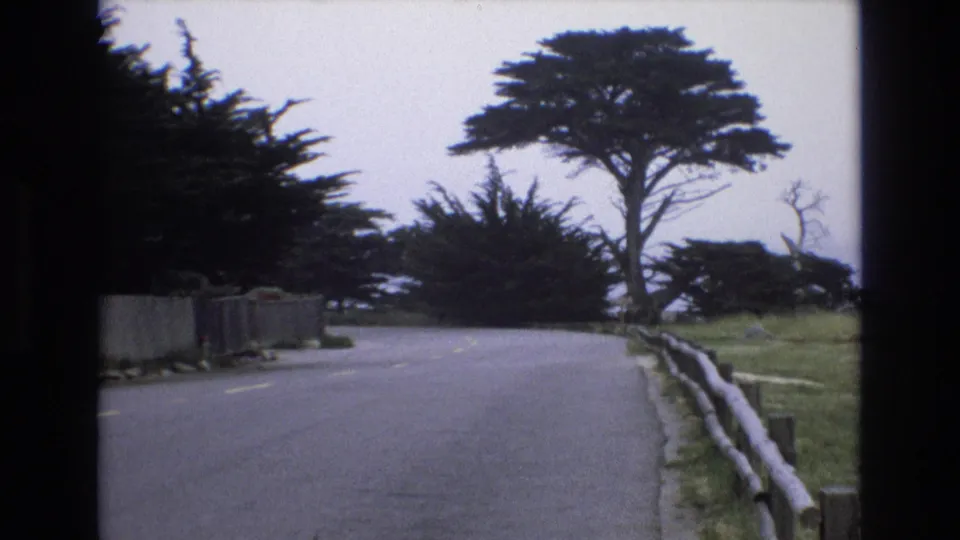 1973 8mm frame looking along a quiet California coastal road lined with cypress trees and a rustic fence near the ocean.