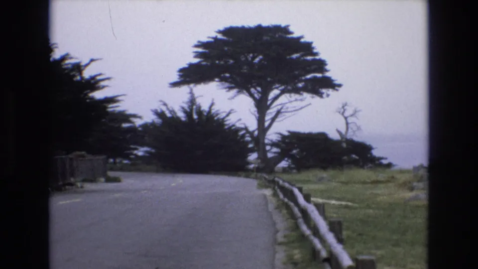 End frame from a 1973 Central Coast California home movie showing the road, fence, cypress trees, and pale ocean horizon through soft 8mm color.