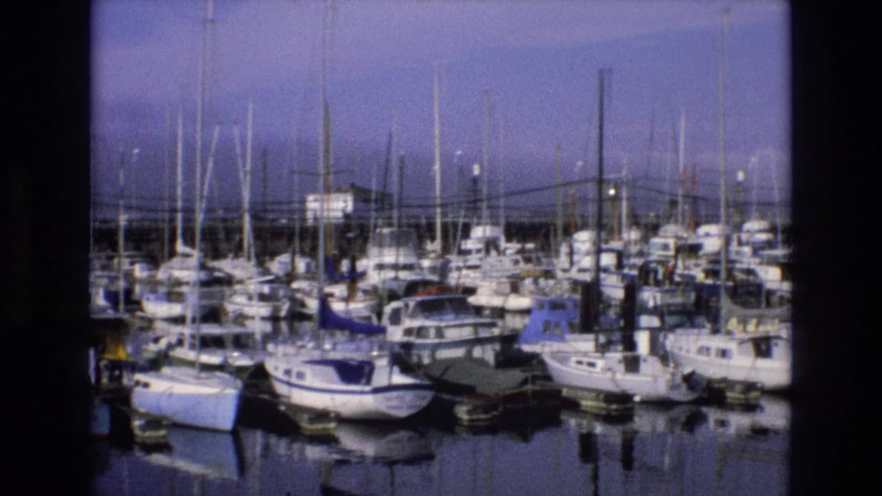 1973 Central Coast California marina view with rows of moored boats, tall masts, faint harbor lights, and soft 8mm color fading.