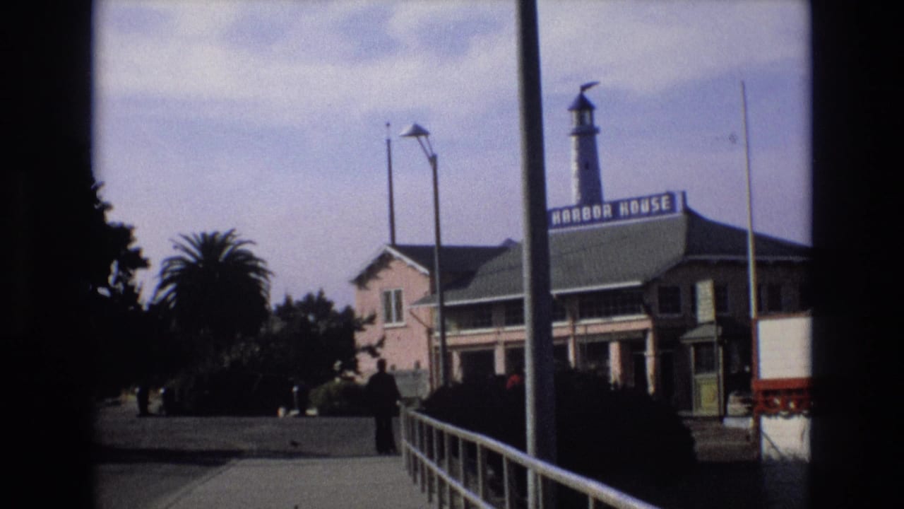 Harbor House building with lighthouse-style tower beside a walkway and palm trees.