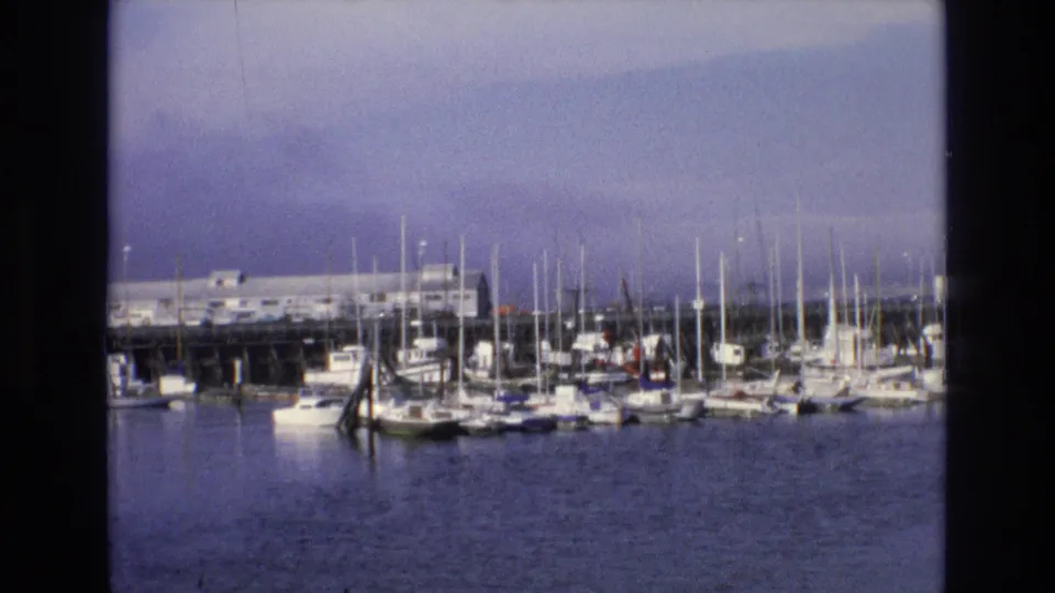1973 Central Coast California marina scene showing docked sailboats, dense masts, piers, calm water, and low harbor buildings under an overcast sky.