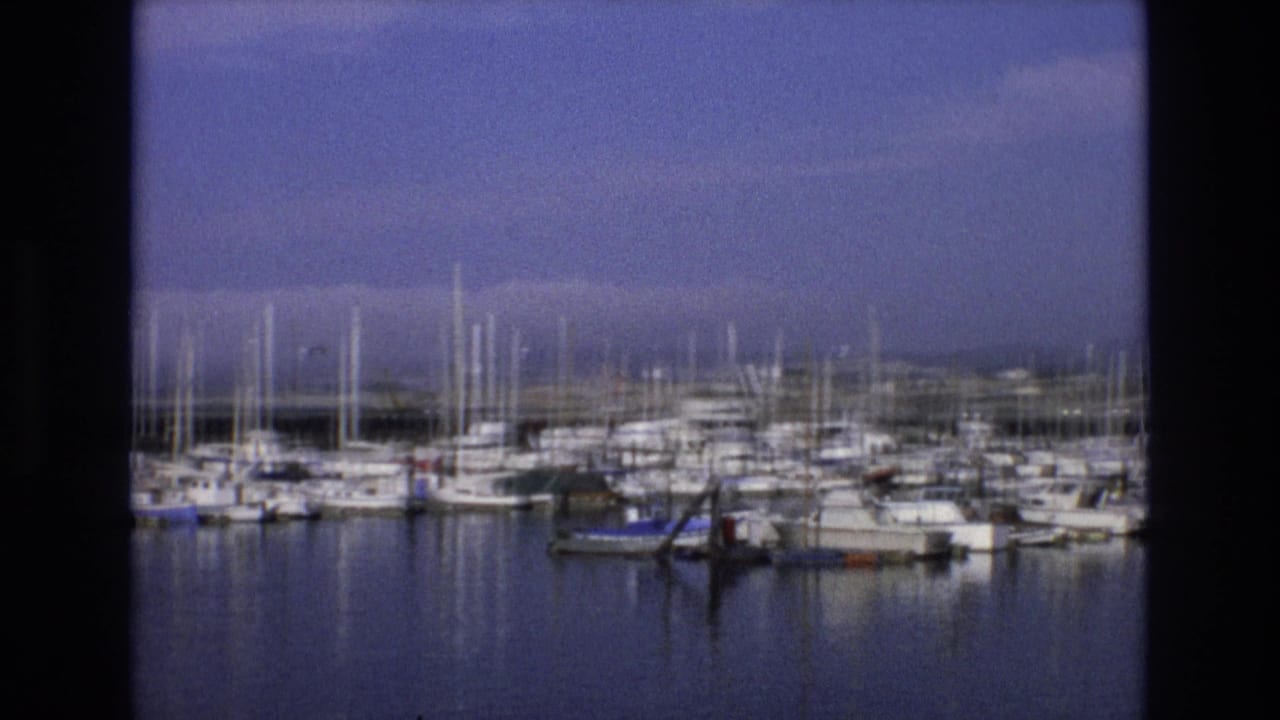 1973 Central Coast California 8mm frame showing a marina filled with docked sailboats and yachts, with vertical masts against a hazy blue-purple sky.