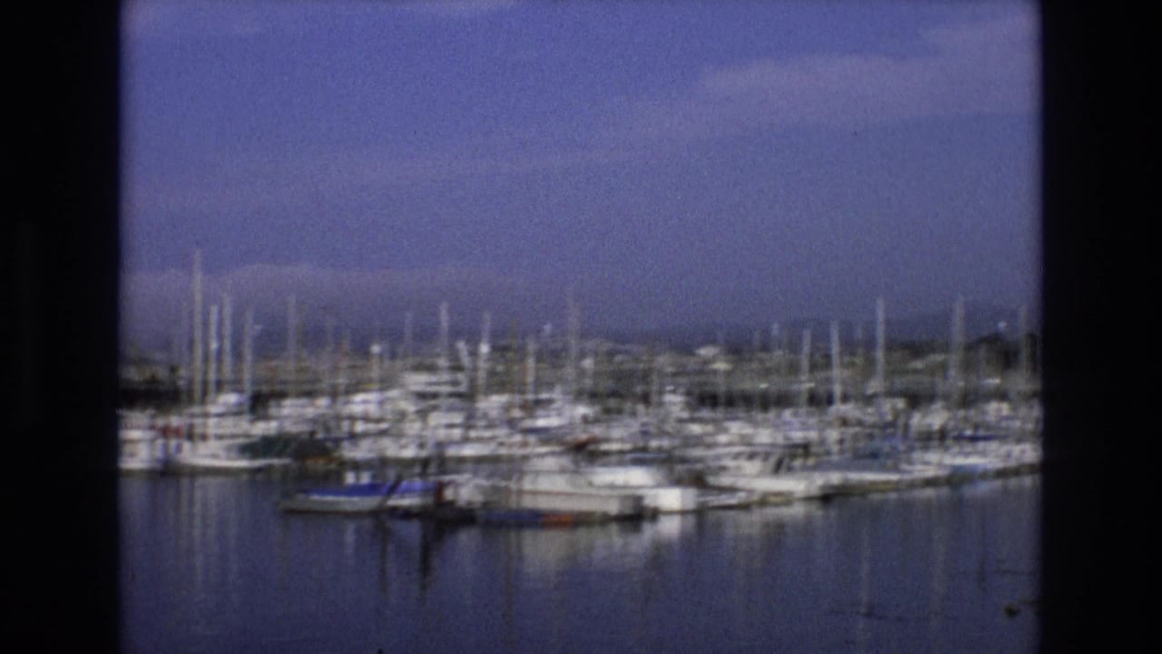 Similar wide marina view with sailboats, masts, calm water, and a hazy sky.
