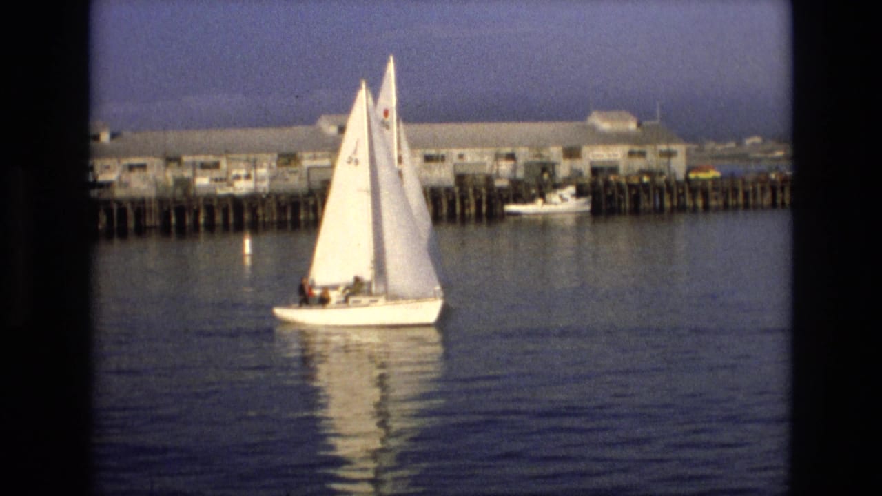 A white sailboat carrying several people glides through a Central Coast California harbor in 1973, with a long pier and dockside buildings behind it.