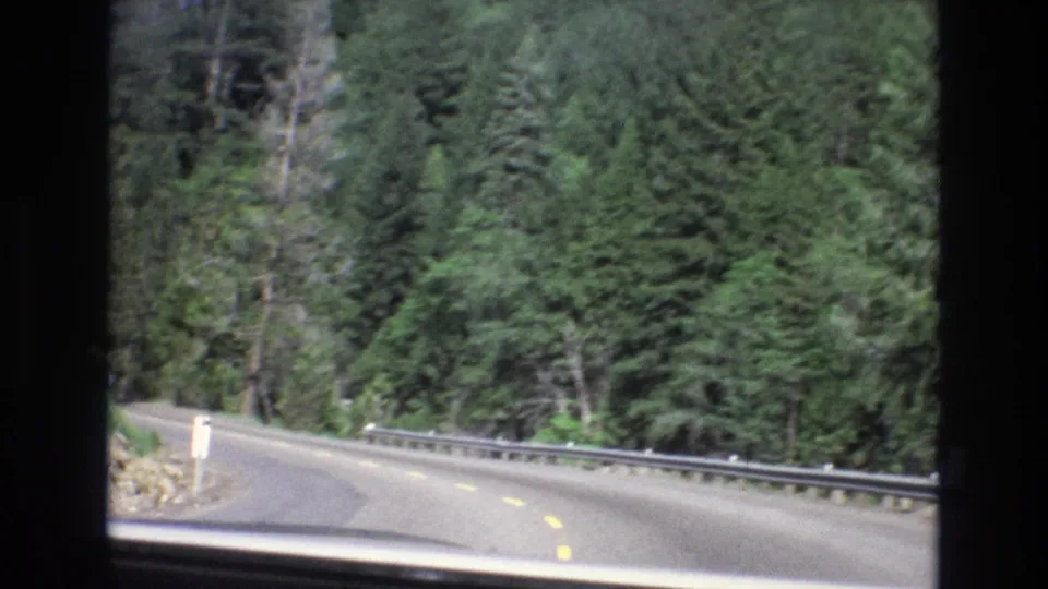 1973 home-movie frame of a two-lane road running through dense Central Coast California forest, with a guardrail and white roadside posts visible along the curve.