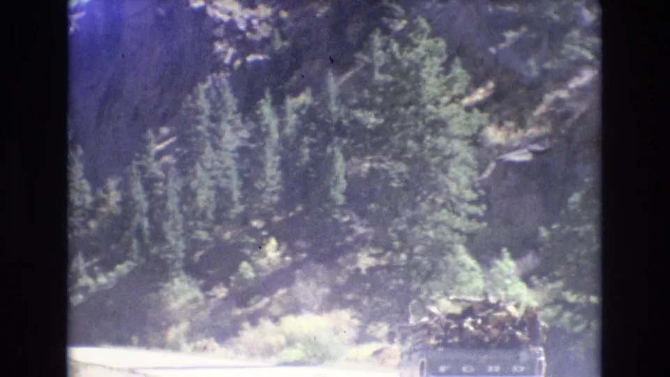 1973 8mm frame of a pine forest and mountain slope seen from a vehicle or roadside viewpoint, with bright pavement entering the lower edge of the frame.