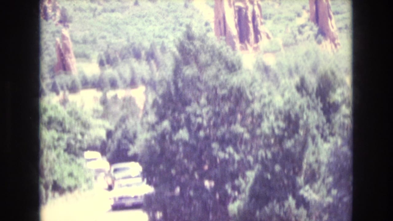 1973 Colorado home-movie frame showing a wooded roadside with partial cars and sandstone formations visible above the trees.